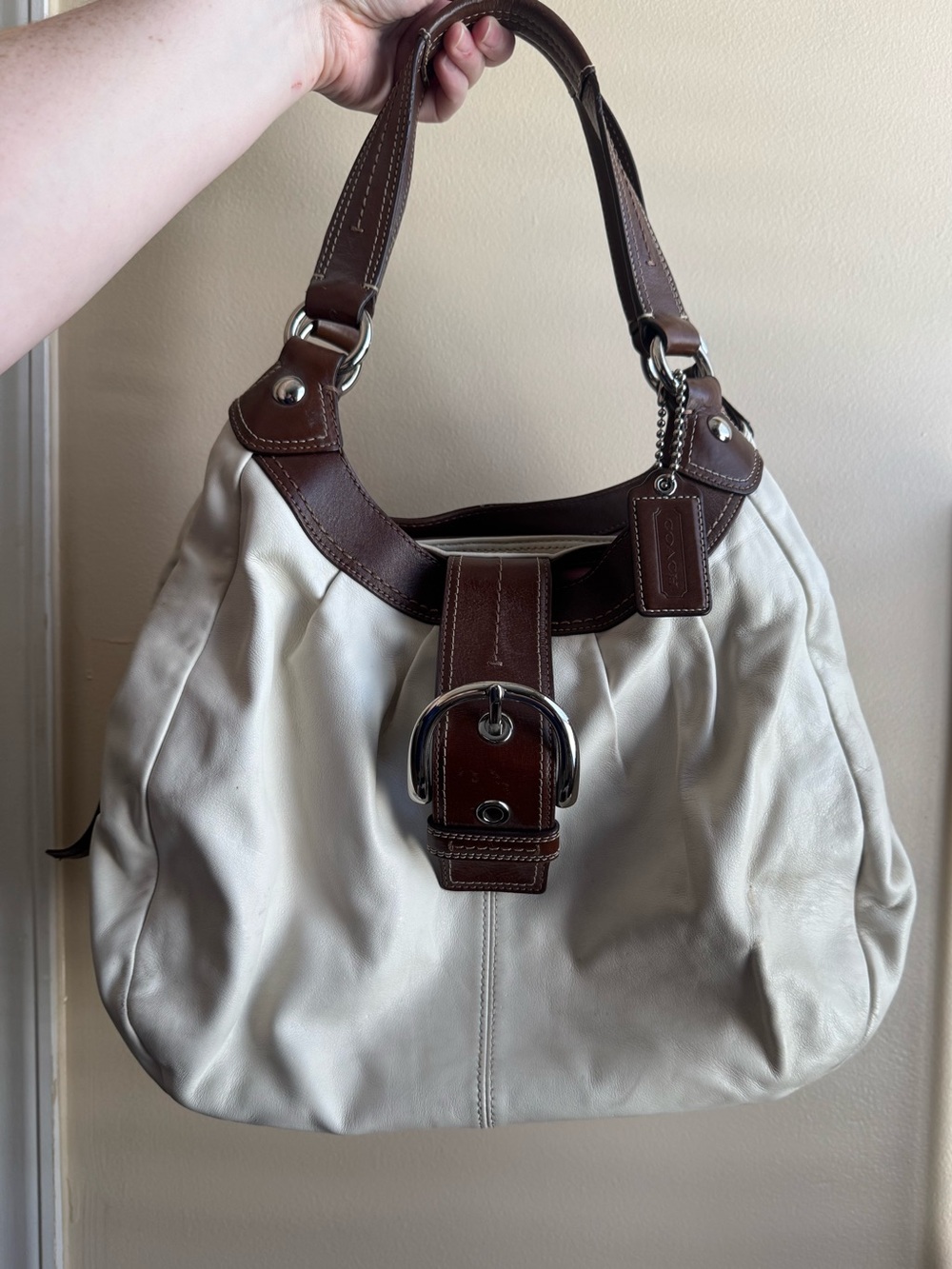 Coach Cream Leather SoHo Hobo with Brown Leather Trim
